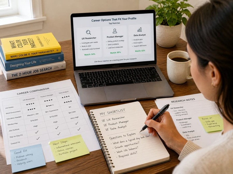 Career assessment notes and research used to compare possible career paths
