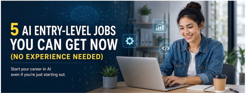Person exploring entry-level AI jobs on a laptop with artificial intelligence career icons