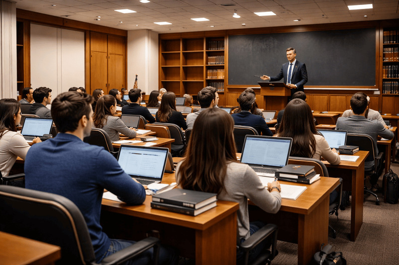 Law school classroom with professor teaching students seated with laptops and casebooks