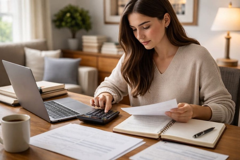 Student calculating education costs with laptop and calculator