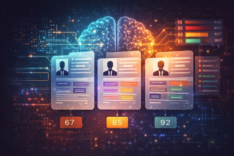 Abstract visualization of AI analyzing and ranking candidate resumes in a hiring system