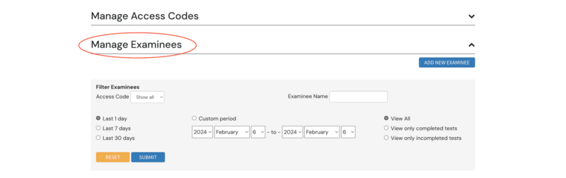 Manage Examinees screen in the CareerFitter affiliate dashboard