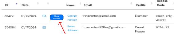 Allow Access button shown next to client name in Manage Examinees