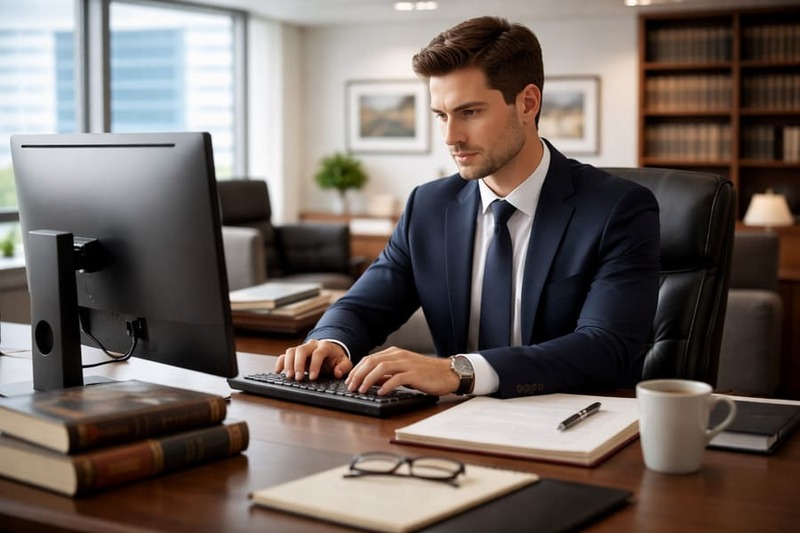 Attorney working in modern law firm office environment