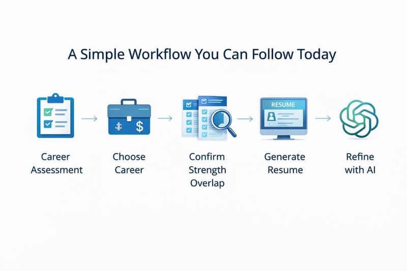 Workflow diagram showing assessment, career selection, strength overlap, resume generation, and AI refinement