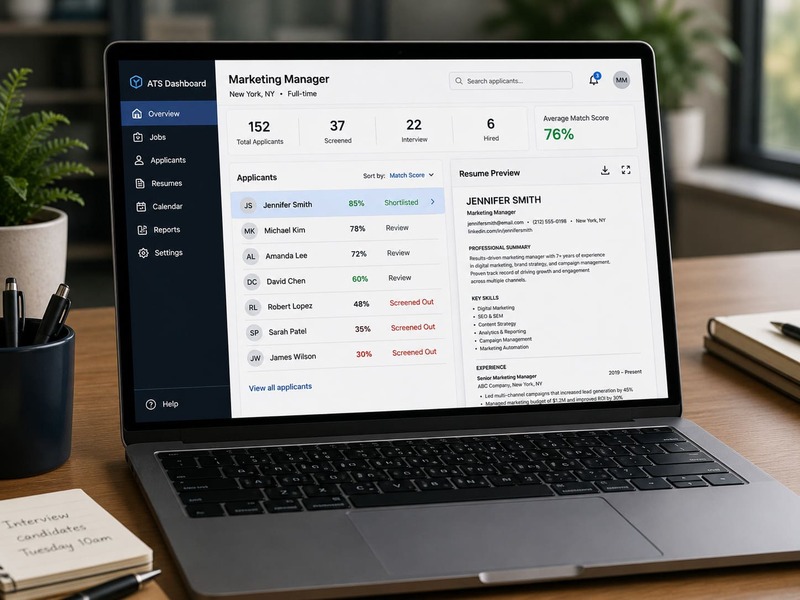 Laptop showing an applicant tracking system dashboard reviewing resumes
