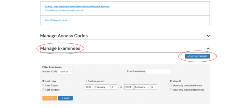 Manage Examinees screen with Add New Examinee button