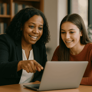 College advisor helps student with free career assessment from CareerFitter