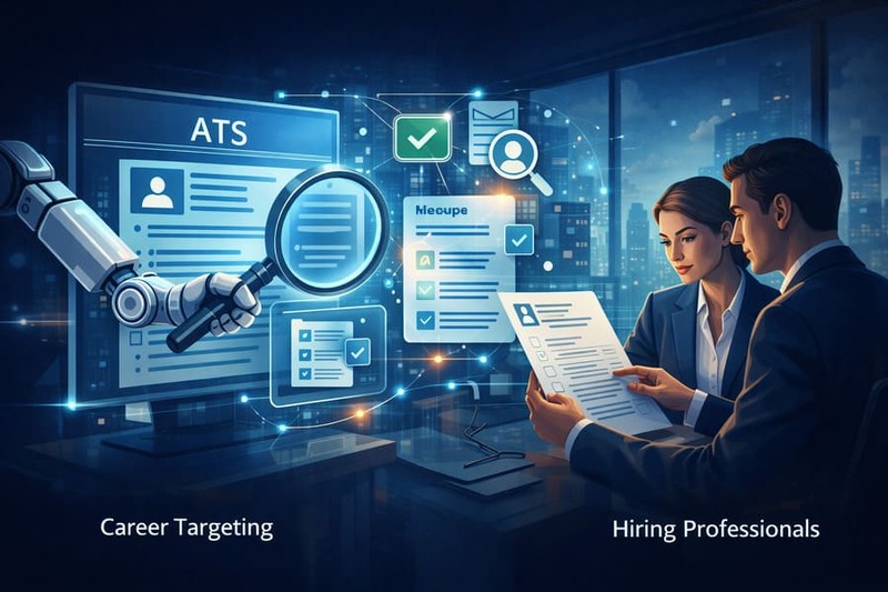ATS scanning a resume and hiring professionals reviewing a resume
