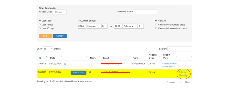 Edit or Reassign button next to examinee name