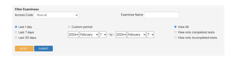 Examinee filter by date range