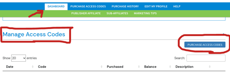 Affiliate dashboard showing Manage Access Codes section