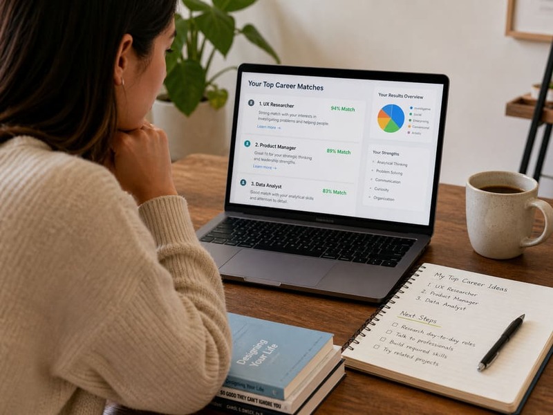 Person reviewing career assessment results on a laptop while comparing career options