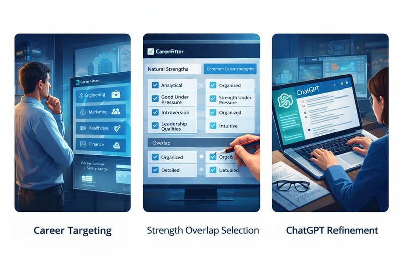 Three-step process showing career targeting, strength overlap selection, and AI refinement