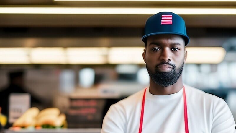 sad guy working in a fast food restaurant who undervalued his career skills