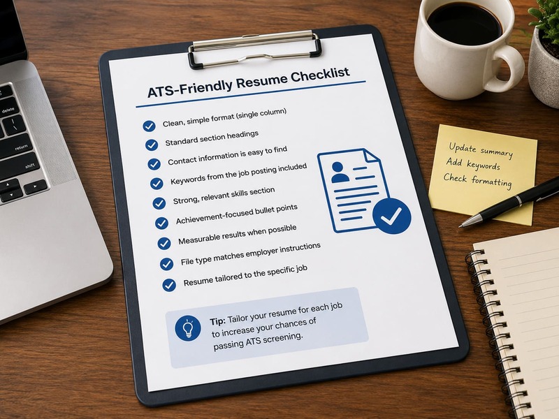 ATS-friendly resume checklist on a desk beside a laptop