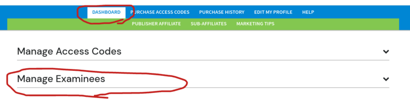 Manage Examinees section in the CareerFitter affiliate dashboard