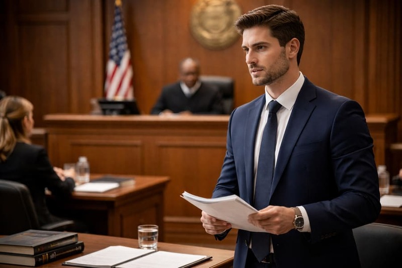 Attorney standing in courtroom during legal proceedings