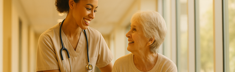 Smiling nurse supporting a patient in a modern healthcare environment